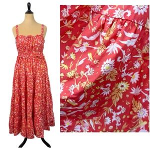 J. CREW Maxi Dress Large Coral Milkmaid Tiered Floral Peasant Smocked Cottage